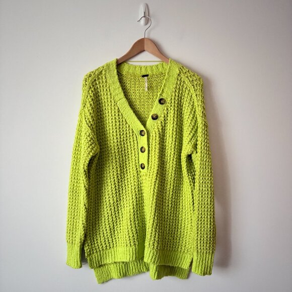 Free People Whistle Thermal Henley Knit Sweater in Acid Lime Combo Size XS - Picture 5 of 9